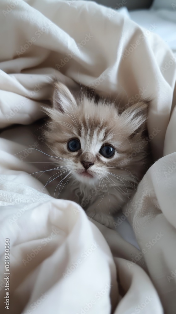   A small kitten peeks out from under a white comforter, its blue eyes visible Another kitten does the same, also revealing blue eyes beneath the covers