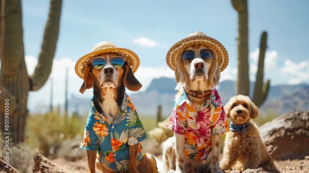   A few dogs seated beside each other atop a cactus-filled field, before a solitary cactus