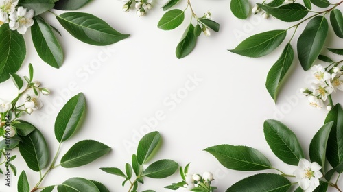   A pristine white backdrop showcases a vibrant cluster of green leaves and blossoming white flowers, ideal for text or image insertion #801980004