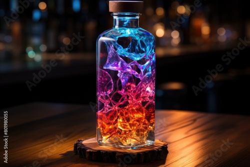 RGB lightning neon bottle on table dark background