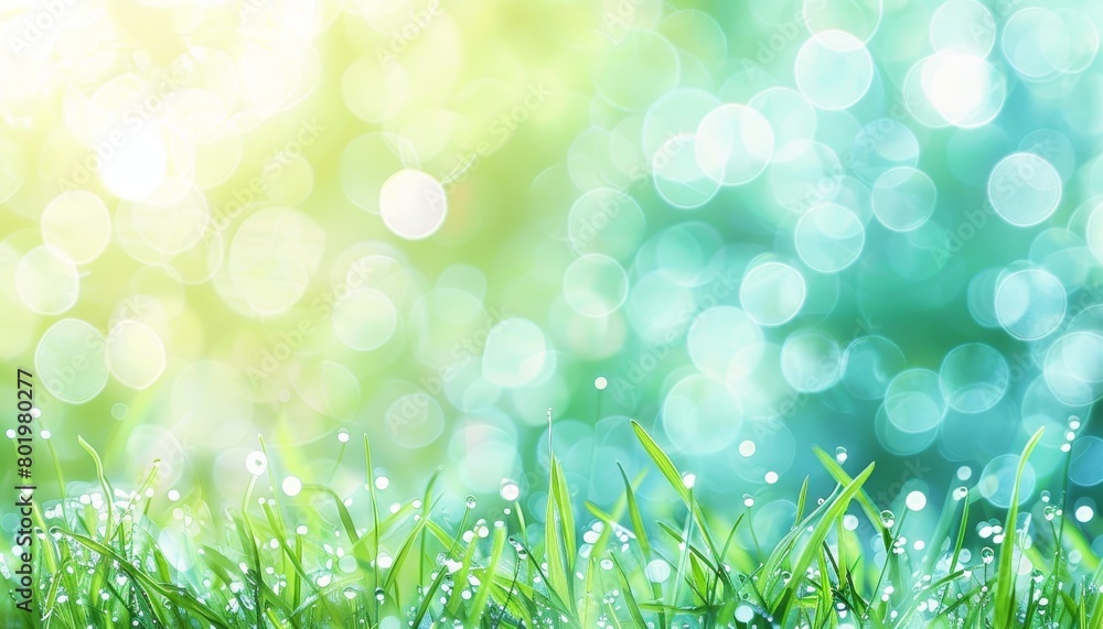 Obraz premium Blurred sunny spring meadow with gradient from blue sky to green grass, defocused bokeh background