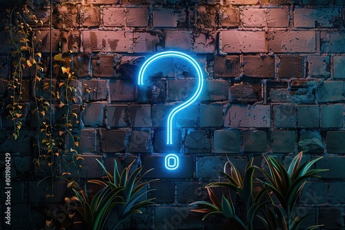 Blue glowing outline neon question mark or sign on brick wall background, ui and ux light icon and bright symbol.