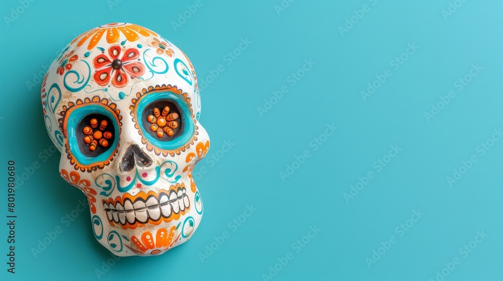   A white skull with orange and blue flowers on its face against a blue backdrop