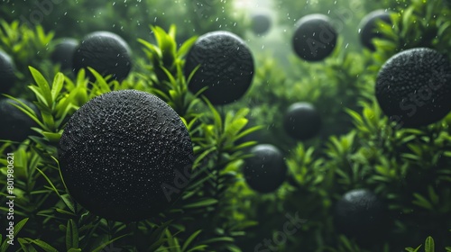   A cluster of black balls rests atop a verdant, grass-covered forest floor dotted with water droplets under a sunny sky photo