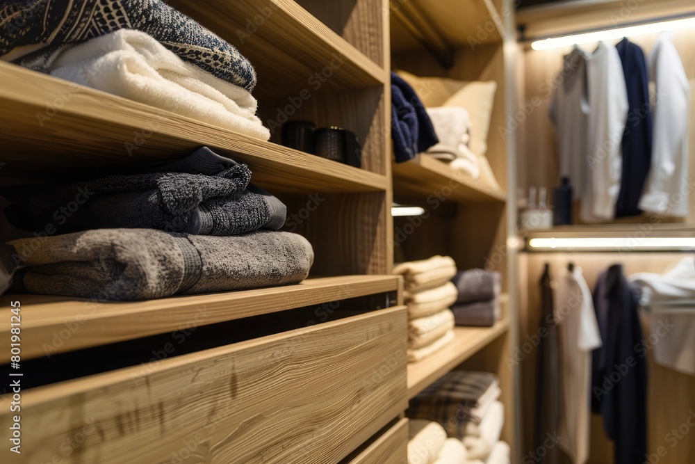 Closet with towels and other clothes in modern dressing room interior Closet with towels and other clothes in modern dressing room interior