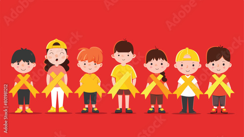 Cute little children with yellow ribbons on red background