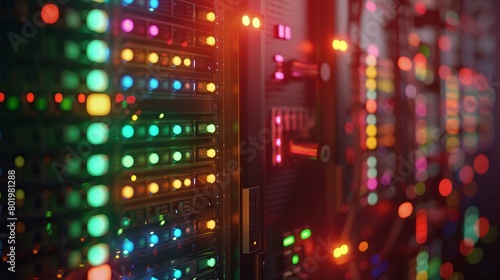Glowing Server Room Panel with Colorful LED Lights in High-Tech Data Center
