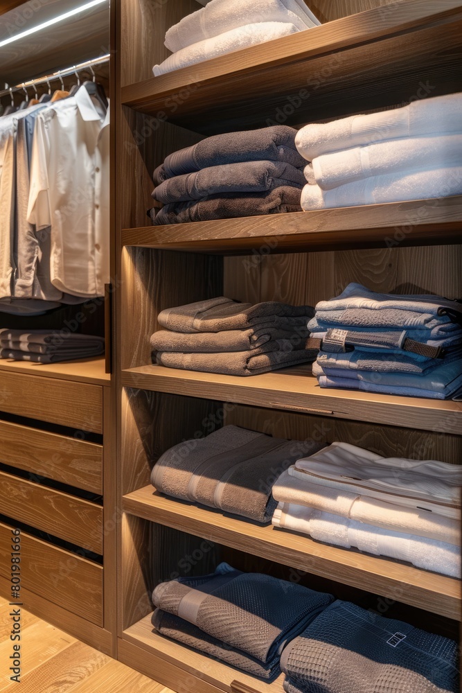 Closet with towels and other clothes in modern dressing room interior Closet with towels and other clothes in modern dressing room interior
