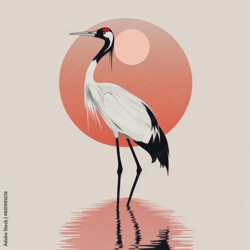 Obraz premium A white and black bird stand in the water, beneath a red sun and a pink-hued sky