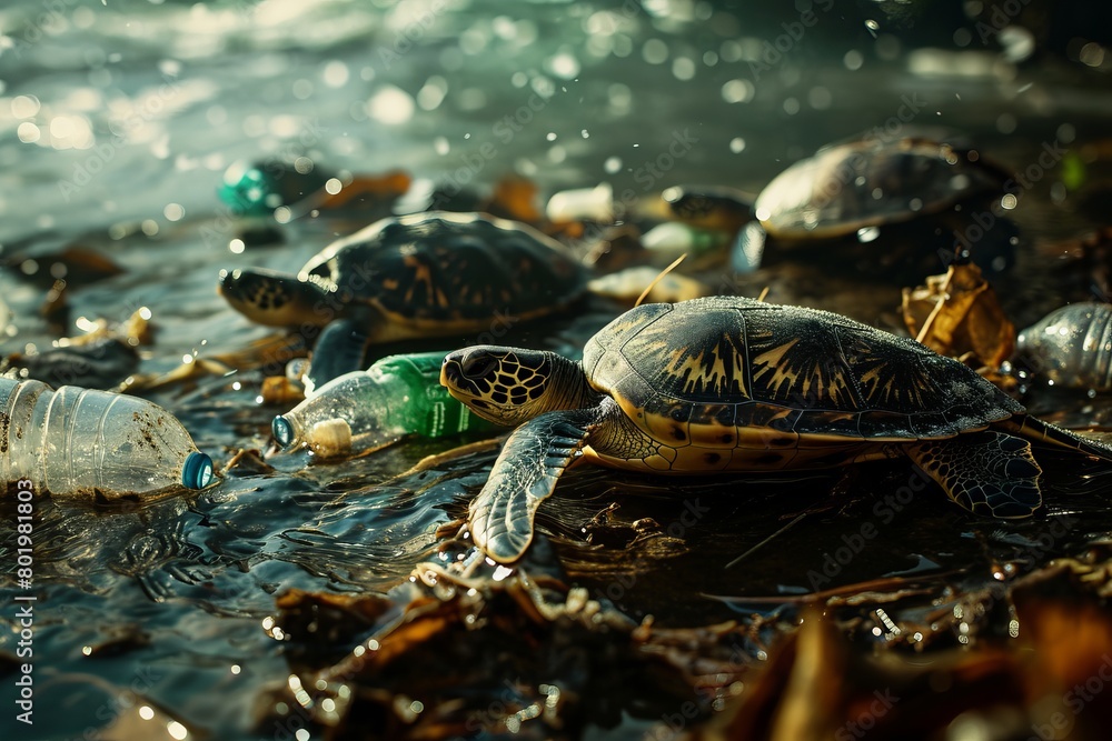 Obraz premium Turtles swim in the ocean or sea among plastic bottles and garbage. Concept of plastic water pollution and environmental problem of ocean, environment 