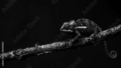  A black-and-white image of a small chameleon perched on a branch against a dark room backdrop, contrasting its form against the encircling blackness