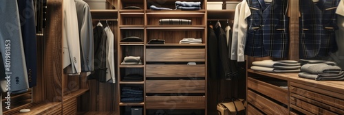 Closet with towels and other clothes in modern dressing room interior