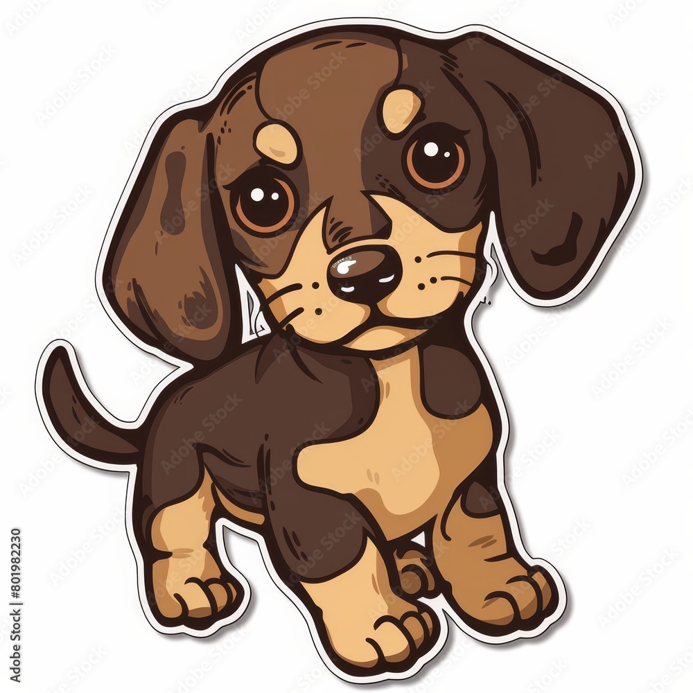 A brown and black puppy sticker, with sad expression, atop a white surface A brown and black puppy sticker, with sad expression, atop a white surface
