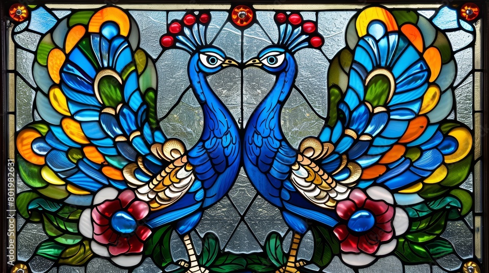   A tight shot of a stained glass window, featuring two peacocks at its center, encircled by blooms