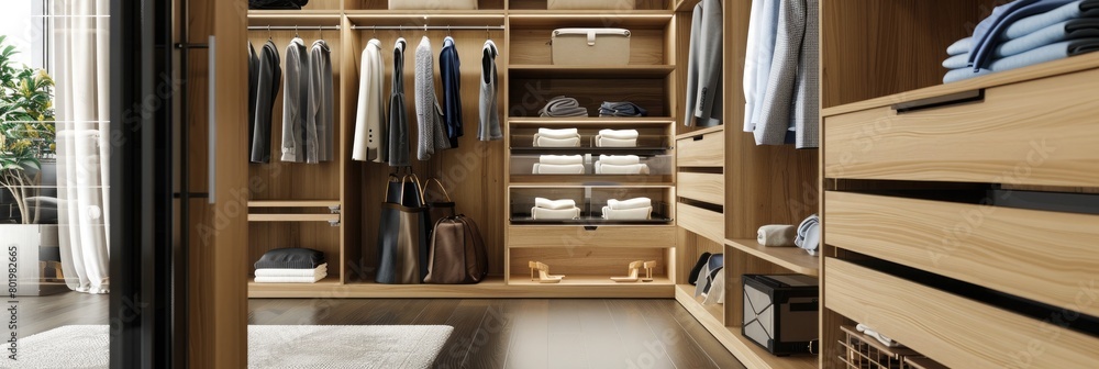 Closet with towels and other clothes in modern dressing room interior Closet with towels and other clothes in modern dressing room interior