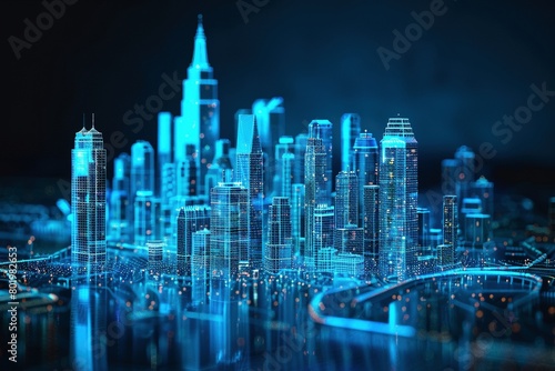A minimalist cityscape rendered in a glowing neon blue wireframe hologram, highlighting its iconic structure with intricate patterns against a dark void.