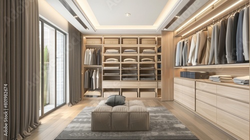 Closet with towels and other clothes in modern dressing room interior