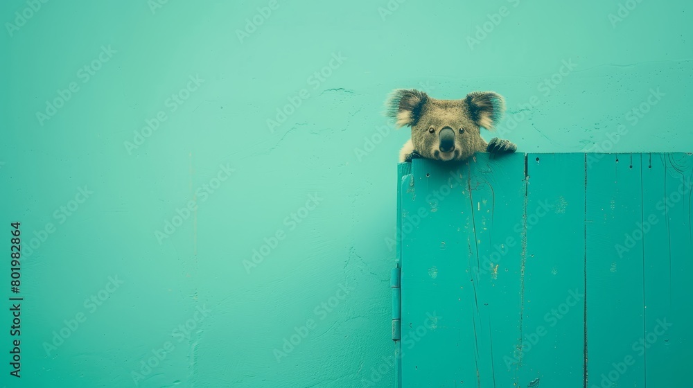   A koala head on a blue wall with a green wall behind it, another blue wall beyond that
