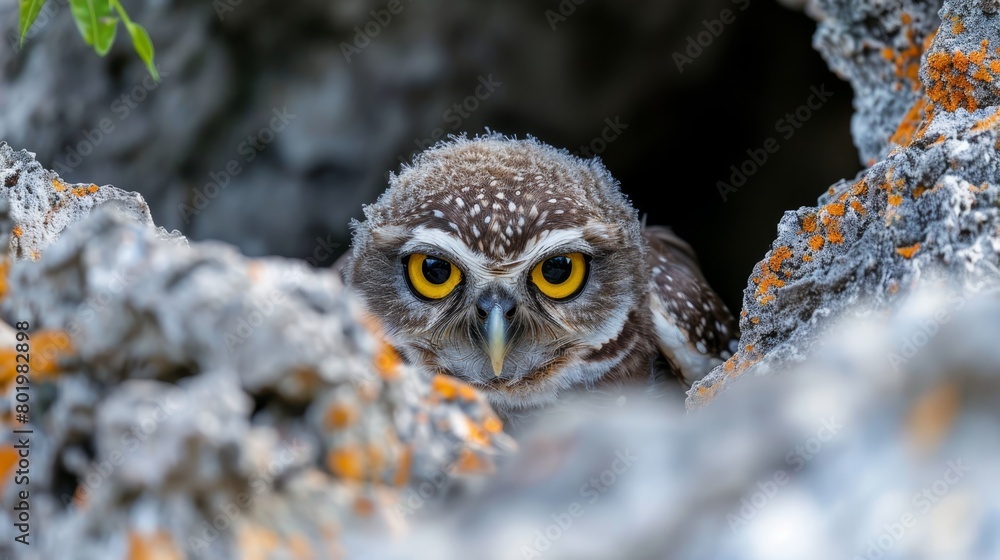 A tight shot of a small owl emerging from a rock's crevice, adorned with vibrant orange lichens A tight shot of a small owl emerging from a rock's crevice, adorned with vibrant orange lichens