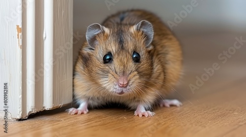  A tight shot of a small rodent on a weathered wood floor, near a door with a pristine white doorframe