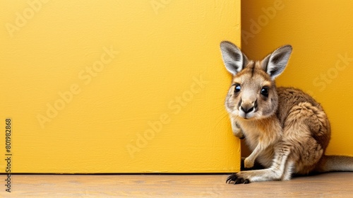   A tiny kangaroo before a sunny yellow wall gazes at the camera with an inquisitive expression photo