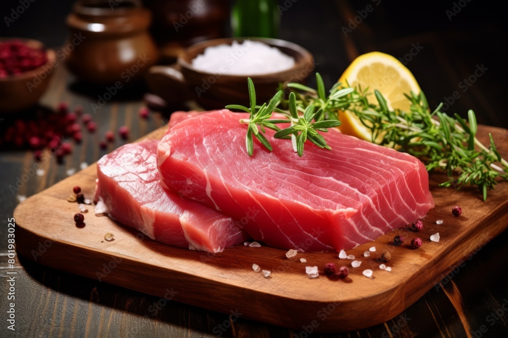Appetizing raw tuna steak sprinkled with a mixture of peppers and a sprig of herbs on a wooden board.
