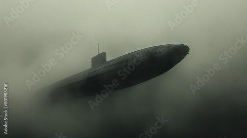  A black-and-white image of a submarine bobbing in the water on a foggy day, displaying a radio atop it