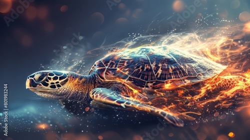  A tight shot of a turtle over water, flames erupting from its shell