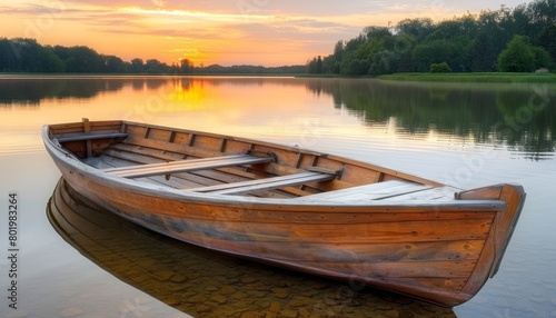 Tranquil sunset seascape with serene empty wooden rowboat on calm and still water