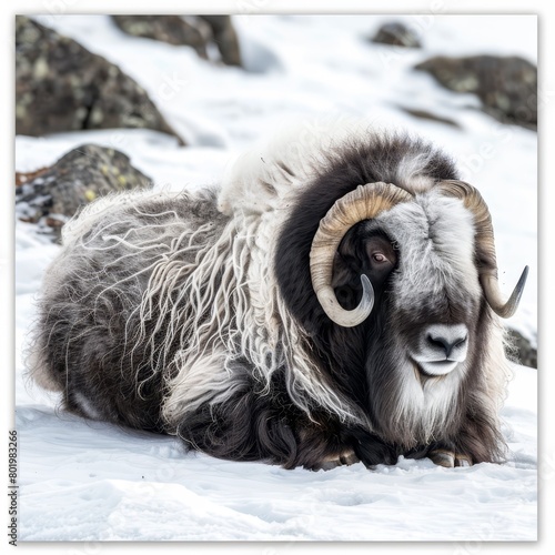   A ram lies in the snow  its long horns curving outwards  head turned to the side