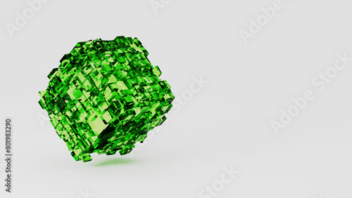 A green cube  representing a terrestrial plant or tree  is suspended in the air on a minimalist white background  resembling a fashionable accessory or jewellery piece