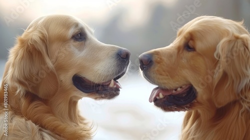   A tight shot of two dogs One displays an open mouth in a playful gaze, while the other returns the expression © Jevjenijs