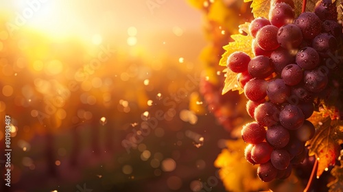  A vine laden with grapes against a backdrop of sun-filtered trees and a softly blurred background