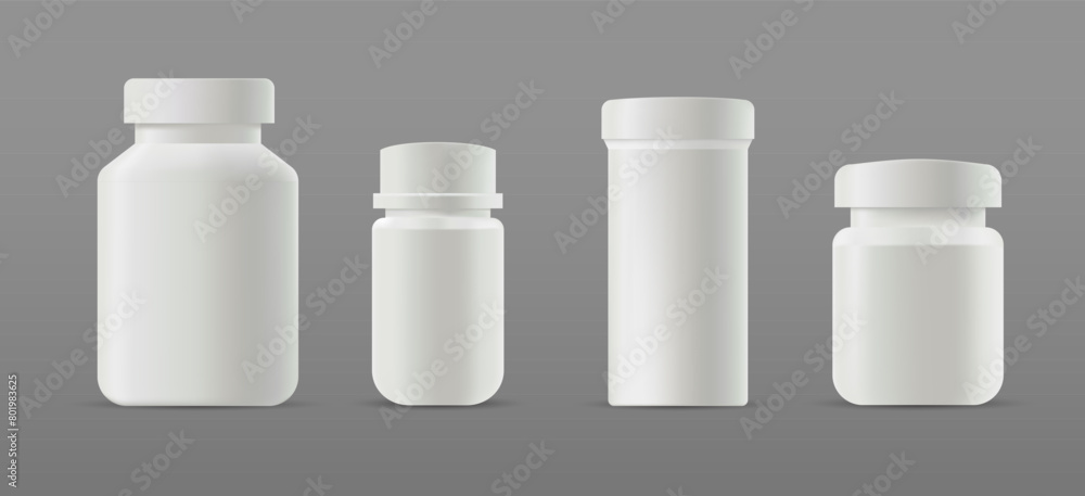 3d White Plastic Pill Bottle for Vitamin Supplement. Vector Pill Jar, Pharmaceutical Capsule Package Mockup, Medical Tablet Template. Realistic Sport Protein Canister. 3d White Plastic Pill Bottle for Vitamin Supplement. Vector Pill Jar, Pharmaceutical Capsule Package Mockup, Medical Tablet Template. Realistic Sport Protein Canister.