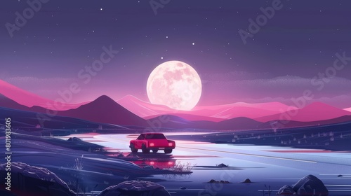 An illustration of a night road car driving through a mountain landscape with black sky and moonlight above a cartoon lake horizon. This is a moonlight roadway journey horizontal wallpaper with rock