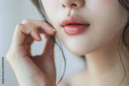 女性のぷっくりツヤツヤの唇、粘膜ルージュ photo