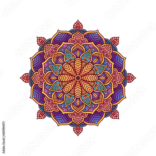 Beautiful therapeutic colorful mandala design on white isolated background. Vector Illustration.