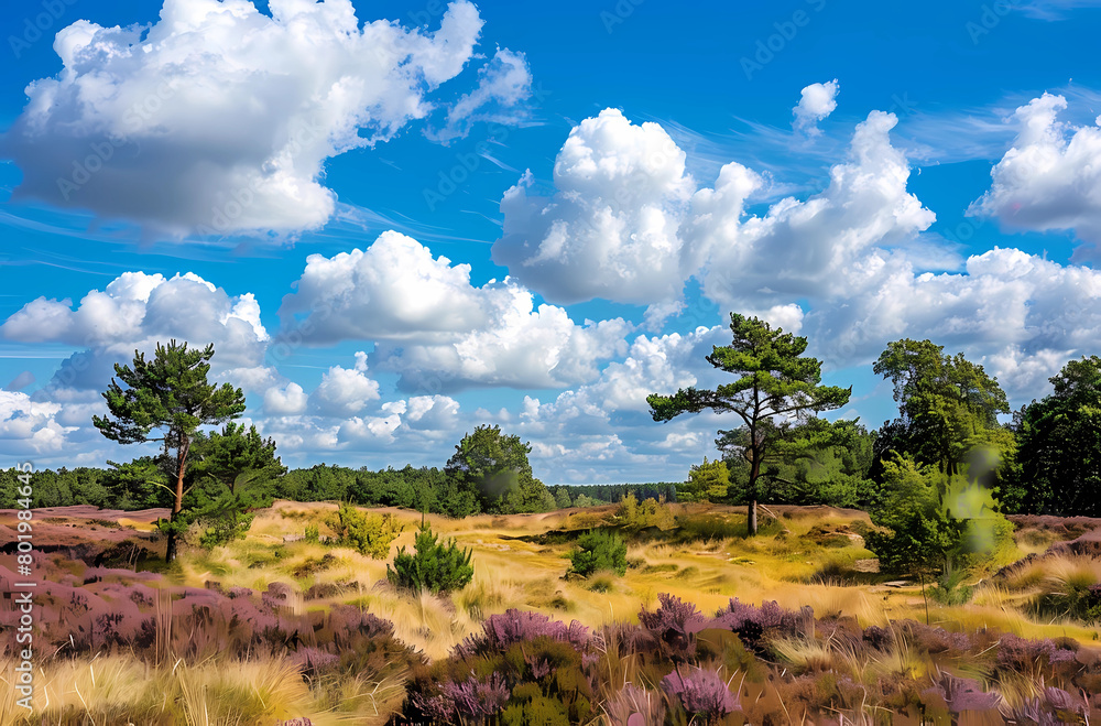 Beautiful landscape with heather and trees in the foreground