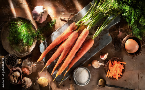 fresh carrots with rustic environment, AI generated