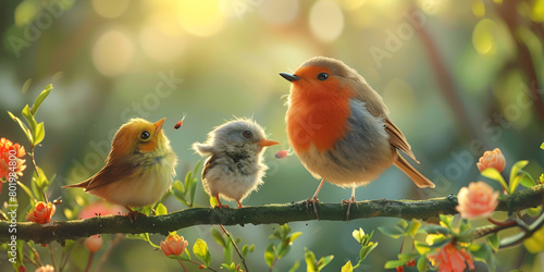 Illustration of Robin Erithacus rubecula feeding her chicks with cool background photo