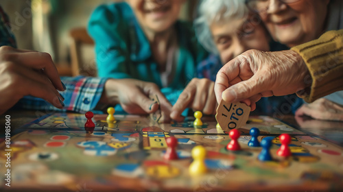 Photo of a family playing a board game with a close-up on the elderly hands moving a game piece illustrating the joy of shared activities 