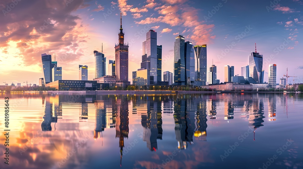 Stunning Cityscape at Sunrise with Reflective Waterfront. Urban Architecture and Tranquil Morning Scene. Perfect for Backgrounds and Wallpapers. AI