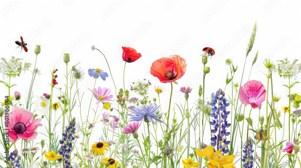 A beautiful spring flower field summer meadow, Natural colorful landscape with many wild flowers of daisies on white background , A frame with soft selective focus, Magical nature background blossom