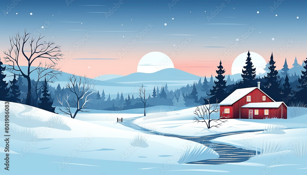 Isolated vector illustration winter landscape with house and cabin. Holiday, New Year and Christmas