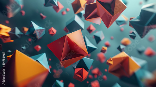 A colorful image of paper triangles and squares in the air