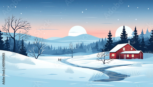 Isolated vector illustration winter landscape with house and cabin. Holiday  New Year and Christmas