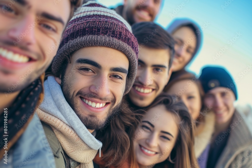 Group of young people in winter clothes looking at camera and smiling. Group of young people in winter clothes looking at camera and smiling.