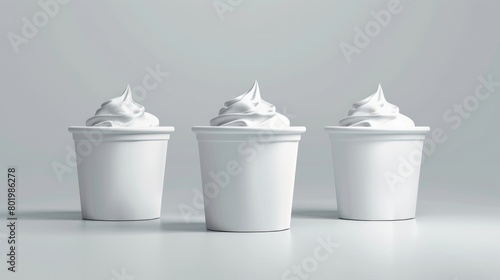 The plastic ice cream bucket container mockup is shown in full color and is isolated on a white background. The 3D yogurt paper round cup mockup is shown in full color and is isolated on a white photo