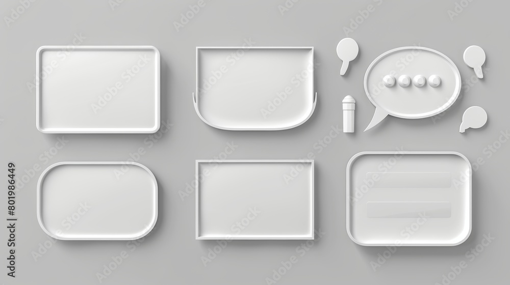 Three dimensional realistic speech boxes isolated on a white background. Message frames, comment frames for social media. Modern illustration of round, square, rectangle, and oval shape dialog boxes