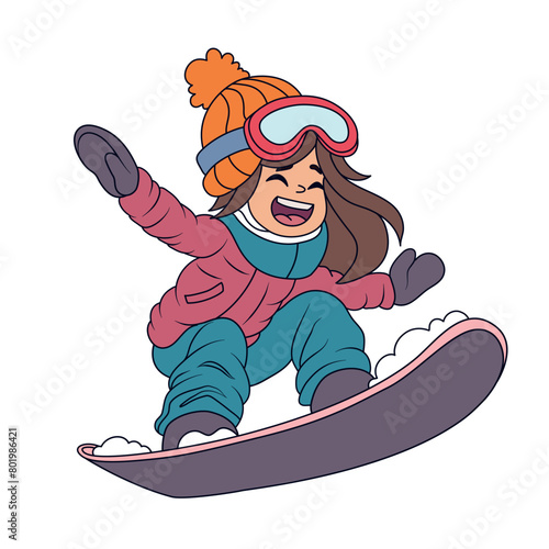 Cute cartoon girl snowboarding on a background of snowy mountain landscape. Winter mountain sports activity, ski resort vacation.